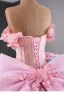 Luxury / Gorgeous Blushing Pink Appliques Pearl Lace Flower Prom Dresses 2024 Ball Gown Off-The-Shoulder Short Sleeve Backless Bow Court Train Prom Formal Dresses