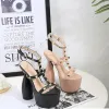 Sexy Beige Cocktail Party Rivet Womens Sandals 2023 T-Strap 17 cm Thick Heels Open / Peep Toe Sandals High Heels