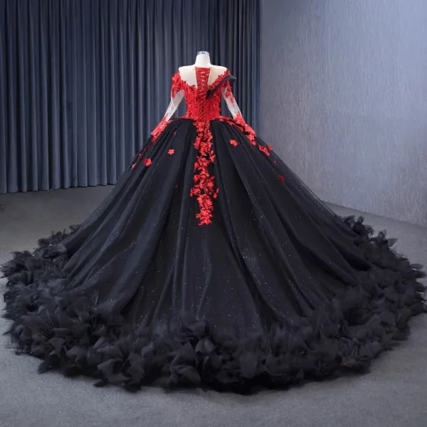 High-end Black Lace Flower Beading Sequins Appliques Court Train Prom ...