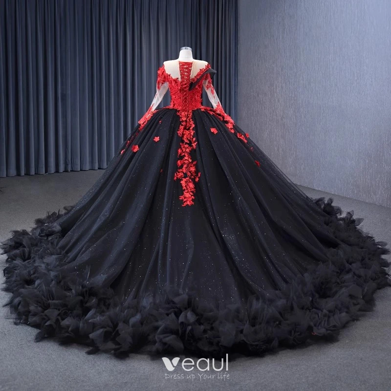 High-end Black Lace Flower Beading Sequins Appliques Court Train Prom ...