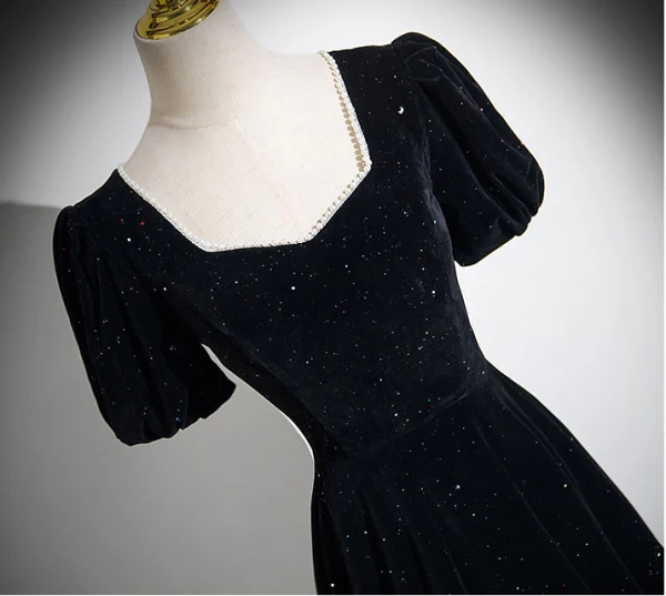 Elegant Black Glitter Prom Dresses 2024 A-Line / Princess Square Neckline Short Sleeve Backless Floor-Length / Long Formal Dresses