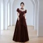 Elegant Burgundy Prom Dresses 2022 A-Line / Princess High Neck Puffy Short Sleeve Bow Rhinestone Floor-Length / Long Formal Dresses