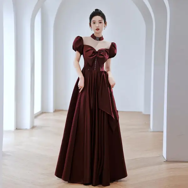 Fashion Burgundy Bow Satin Rhinestone Evening Dresses 2022 A-Line / Princess High Neck Puffy Short Sleeve Floor-Length / Long Evening Party Formal Dresses