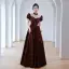 Fashion Burgundy Bow Satin Rhinestone Evening Dresses 2022 A-Line / Princess High Neck Puffy Short Sleeve Floor-Length / Long Evening Party Formal Dresses