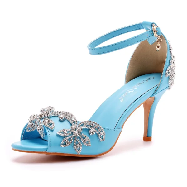 Charming Gold Rhinestone Wedding Shoes 2023 Ankle Strap 7 cm Stiletto Heels Open / Peep Toe Wedding Sandals High Heels