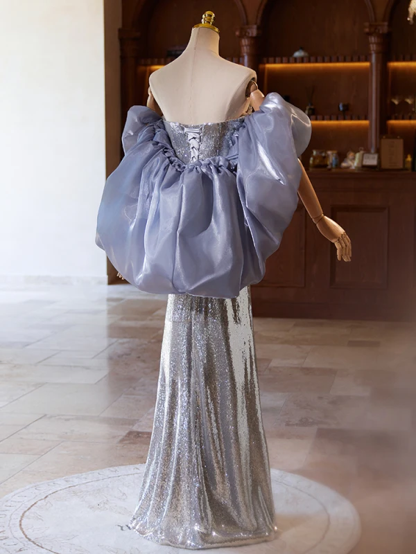 Scintillantes Argenté Gris Paillettes Robe De Bal 2024 Trompette / Sirène Bustier Manches Courtes Dos Nu Longue Promo Robe De Ceremonie