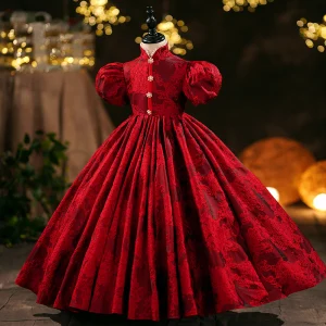 Élégant Bordeaux En Dentelle Fleur Anniversaire Robe Ceremonie Fille 2024 Robe Boule Col Haut Manches Courtes Longue