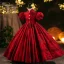 Elegant Burgundy Lace Flower Birthday Flower Girl Dresses 2024 Ball Gown High Neck Short Sleeve Floor-Length / Long