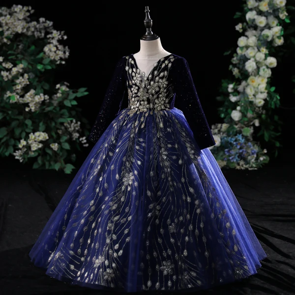Vintage / Retro Navy Blue Glitter Sequins Birthday Flower Girl Dresses 2024 Ball Gown Scoop Neck Long Sleeve Backless Floor-Length / Long