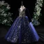 Vintage / Retro Navy Blue Glitter Sequins Birthday Flower Girl Dresses 2024 Ball Gown Scoop Neck Long Sleeve Backless Floor-Length / Long
