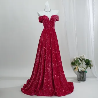 Sparkly Burgundy Sequins Prom Dresses 2026 A Line Princess Off The Shoulder Sleeveless Backless Floor Length Long Formal Dresses