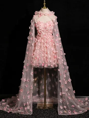 Fée Des Fleurs Rougissant Rose Appliques Avec Cape Courte Robe De Bal 2024 Princesse Bustier Sans Manches Dos Nu Promo Robe De Ceremonie
