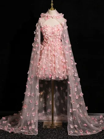 Hada De Las Flores Rosa Clara Apliques Con Capa Cortos Vestidos De Gala 2024 A Line Princess Sin Tirantes Sin Mangas Sin Espalda Gala Vestidos Formales