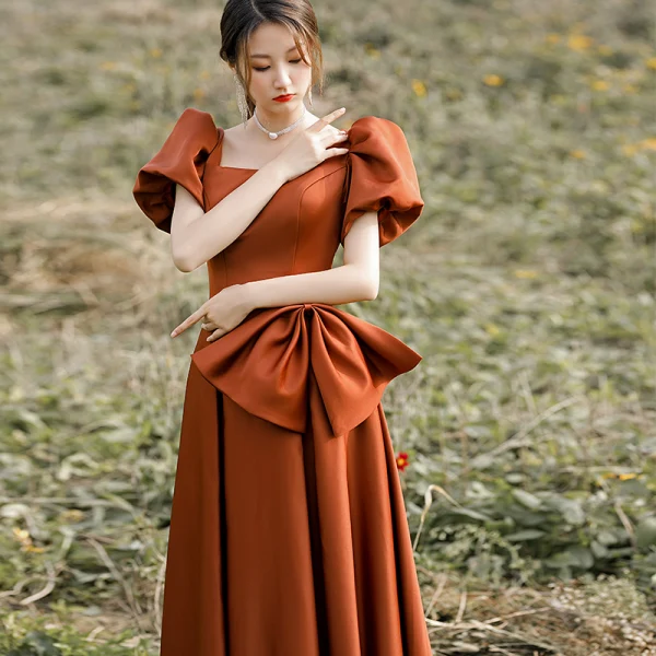 Vintage / Retro Brown Satin Prom Dresses 2022 A-Line / Princess Square Neckline Puffy Short Sleeve Backless Bow Floor-Length / Long Prom Formal Dresses