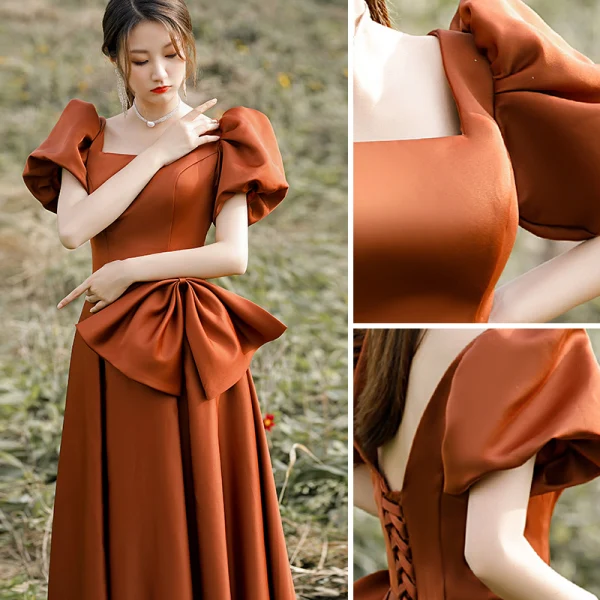 Vintage / Retro Brown Satin Prom Dresses 2022 A-Line / Princess Square Neckline Puffy Short Sleeve Backless Bow Floor-Length / Long Prom Formal Dresses