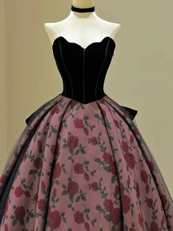 Élégant Noire Impression Robe De Bal 2025 Robe Boule Bustier Sans Manches Dos Nu Noeud Train De Balayage Promo Robe De Ceremonie