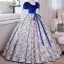 Elegant Dark Green Printing Prom Dresses 2023 Ball Gown Velvet Square Neckline Bow Sash Short Sleeve Backless Floor-Length / Long Prom Formal Dresses