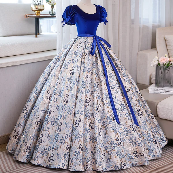 Élégant Bleu Roi Floral Robe De Bal 2023 Robe Boule Encolure Carrée Gonflée Manches Courtes Noeud Ceinture Dos Nu Longue Promo Robe De Ceremonie