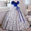 Élégant Bleu Roi Floral Robe De Bal 2023 Robe Boule Encolure Carrée Gonflée Manches Courtes Noeud Ceinture Dos Nu Longue Promo Robe De Ceremonie