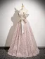 Fashion Blushing Pink Glitter Tassel Prom Dresses 2025 A-Line / Princess Off-The-Shoulder Bow Sash Backless Short Sleeve Floor-Length / Long Prom Formal Dresses