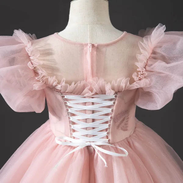 Chic / Beautiful Blushing Pink Beading Pearl Rhinestone Prom Flower Girl Dresses 2022 Ball Gown Ruffle Scoop Neck Puffy Short Sleeve Floor-Length / Long Flower Girl Dresses