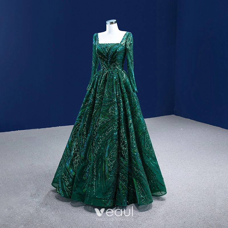 Sparkly High-end Dark Green Sequins Evening Dresses 2022 A-Line / Princess Square Neckline Long Sleeve Backless Floor-Length / Long Evening Party Formal Dresses Sparkly High-end Dark Green Sequins Evening Dresses 2022 A-Line / Princess Square Neckline Long Sleeve Backless Floor-Length / Long Evening Party Formal Dresses