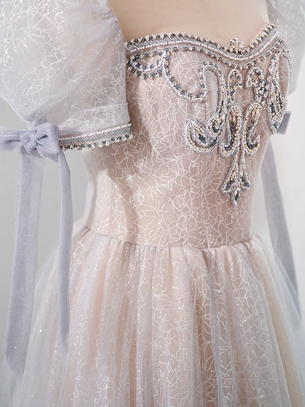 Illusion Blushing Pink Beading Rhinestone Evening Dresses 2023 A-Line / Princess Scoop Neck Short Sleeve Backless Floor-Length / Long Evening Party Formal Dresses