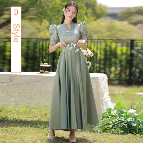 Simple Vert Cendré Satin Robe Demoiselle D'honneur 2022 Princesse Manches Courtes Dos Nu Noeud Longue Robe Demoiselle D'honneur