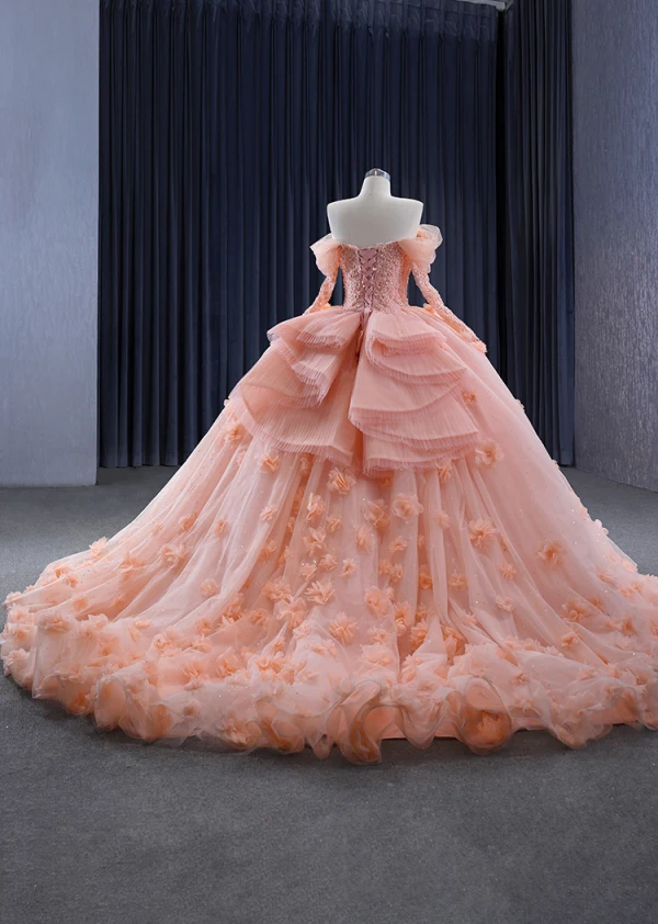 Luxury / Gorgeous Candy Pink Handmade  Beading Pearl Sequins Lace Flower Appliques Cascading Ruffles Prom Dresses 2023 Ball Gown Off-The-Shoulder 3/4 Sleeve Backless