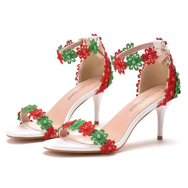 Charming Blushing Pink Lace Flower Prom Womens Sandals 2022 Pearl 7 cm Stiletto Heels Open / Peep Toe Sandals High Heels
