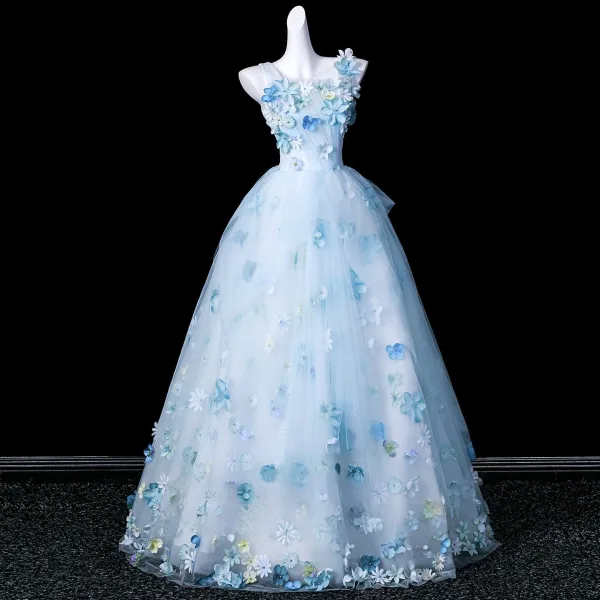 Fée Des Fleurs Bleu Ciel Perle Appliques Robe De Bal 2026 Robe Boule Encolure Carrée Sans Manches Dos Nu