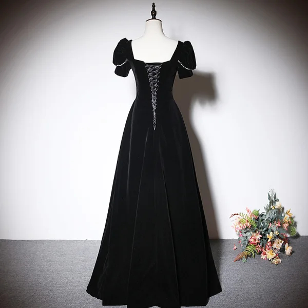 Chic / Beautiful Black Suede Evening Dresses 2023 A-Line / Princess Velour Square Neckline Sequins Short Sleeve Backless Floor-Length / Long Evening Party Formal Dresses