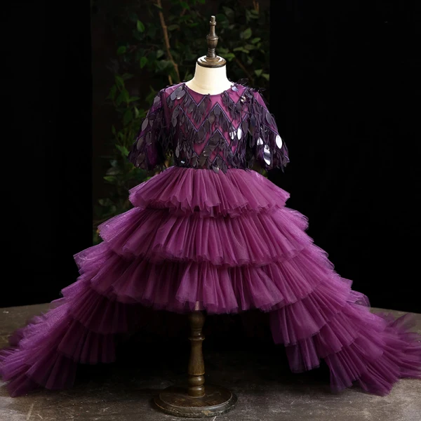 High Low Black Cascading Ruffles Prom Flower Girl Dresses 2022 Ball Gown Scoop Neck Sequins Short Sleeve Court Train Flower Girl Dresses