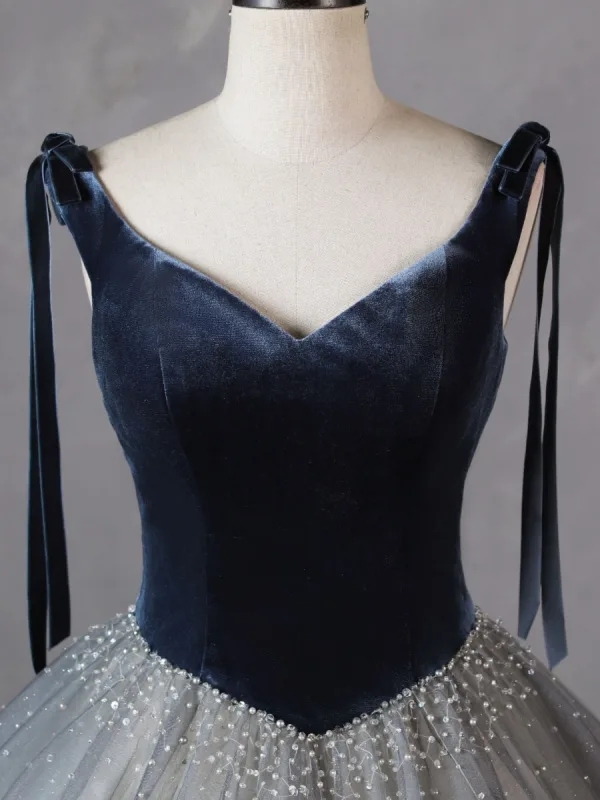 Chic / Beautiful Navy Blue Beading Prom Dresses 2023 Ball Gown V-Neck Sleeveless Backless Floor-Length / Long Prom Formal Dresses