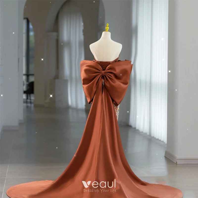 Sexy Caramel Beading Sequins Evening Dresses 2024 Trumpet / Mermaid Strapless Sleeveless Backless Bow Court Train Evening Party Formal Dresses Sexy Caramel Beading Sequins Evening Dresses 2024 Trumpet / Mermaid Strapless Sleeveless Backless Bow Court Train Evening Party Formal Dresses