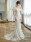 Chic / Belle Blanche En Dentelle Fleur Légère Robe De Mariée 2022 Trompette / Sirène Encolure Carrée Manches Courtes Appliques Dos Nu Longue Mariage