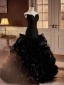 Charming Black Cascading Ruffles Prom Dresses 2024 Crossed Straps Trumpet / Mermaid Strapless Sleeveless Backless Floor-Length / Long Prom Formal Dresses