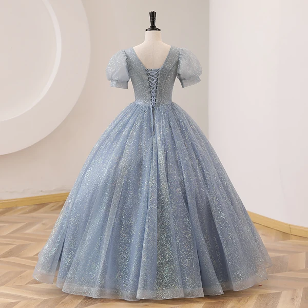 Elegant Sky Blue Lace Pearl Rhinestone Prom Dresses 2022 Ball Gown V-Neck Puffy Short Sleeve Backless Floor-Length / Long Prom Formal Dresses