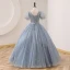 Elegant Sky Blue Lace Pearl Rhinestone Prom Dresses 2022 Ball Gown V-Neck Puffy Short Sleeve Backless Floor-Length / Long Prom Formal Dresses