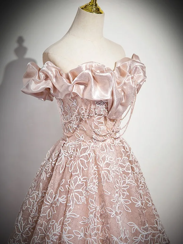 Chic / Beautiful Blushing Pink Flower Sequins Prom Dresses 2025 A-Line / Princess Ruffle Off-The-Shoulder Short Sleeve Backless Floor-Length / Long Prom Formal Dresses