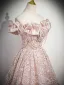 Chic / Beautiful Blushing Pink Flower Sequins Prom Dresses 2025 A-Line / Princess Ruffle Off-The-Shoulder Short Sleeve Backless Floor-Length / Long Prom Formal Dresses