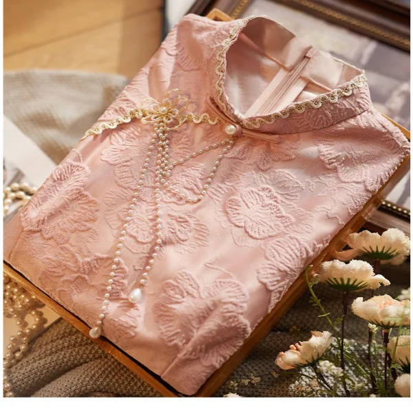 Chinese style Blushing Pink Pearl Printing Split Front Evening Party Cheongsam 2025 Trumpet / Mermaid High Neck Short Sleeve Floor-Length / Long