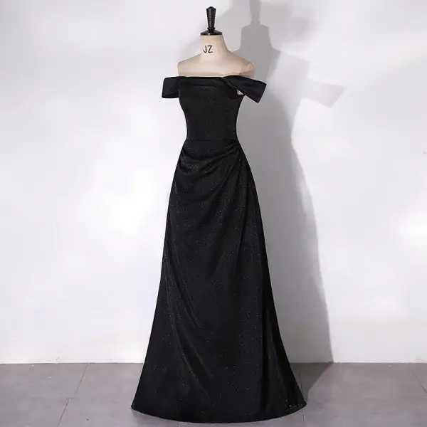 Audrey Hepburn Style Black Ruffle Prom Dresses 2024 A-Line / Princess Off-The-Shoulder Short Sleeve Backless Floor-Length / Long Prom Formal Dresses