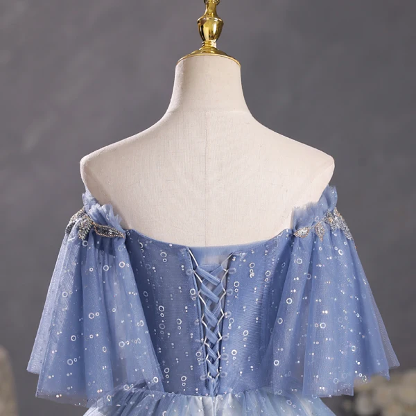 Schöne Meeresblau Perlenstickerei Ballkleider 2023 Ballkleid Off Shoulder Kurze Ärmel Rückenfreies Lange Ball Festliche Kleider