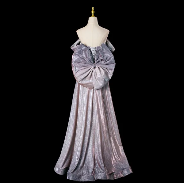 Scintillantes Sexy Violet Perlage Paillettes Robe De Bal 2025 Trompette / Sirène De l'épaule Manches Courtes Dos Nu Noeud Longue Promo Robe De Ceremonie