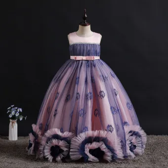 Charmant Rougissant Rose Anniversaire Robe Ceremonie Fille 2023 Robe Boule Encolure Dégagée Sans Manches Noeud Longue Robe Ceremonie Fille