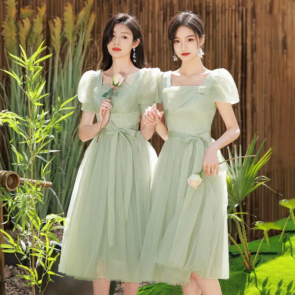 Sage Green Bridesmaids Dresses Knee Lenght