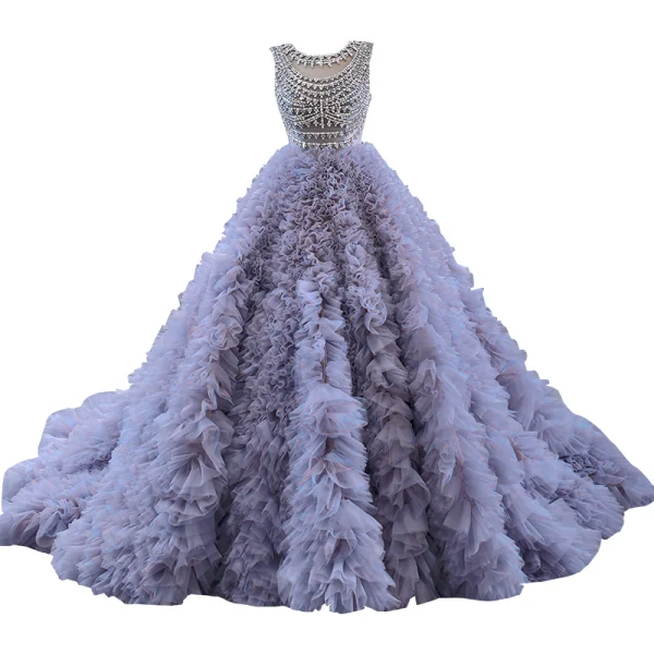 High-end Charming Grey Lavender Handmade  Rhinestone Pleated Prom Dresses 2023 Ball Gown Scoop Neck Sleeveless Chapel Train Prom Formal Dresses