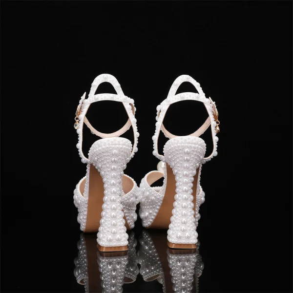 Fashion White Pearl Wedding Shoes 2024 Ankle Strap 12 cm Thick Heels Open / Peep Toe Wedding Sandals High Heels