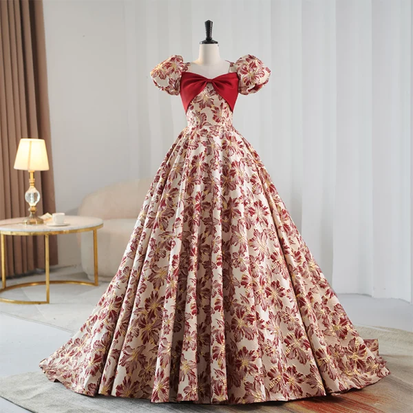 Elegant Burgundy Printing Prom Dresses 2023 Ball Gown Square Neckline Bow Short Sleeve Backless Sweep Train Prom Formal Dresses